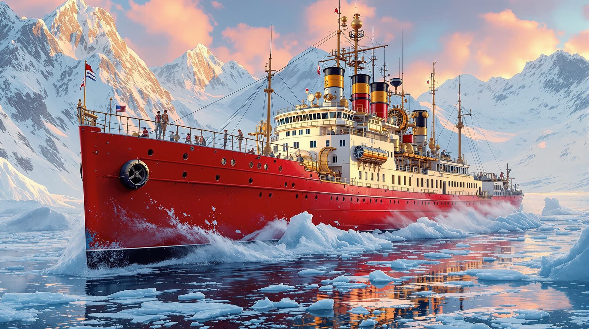 AI generated: Envision a photorealistic portrayal of a 1920s steampunk icebreaker ship, its red hull and white sup...