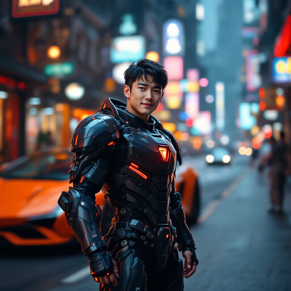 AI generated: A handsome Chinese boy wearing mecha armor stands on the street of a cyberpunk city, with an orange ...