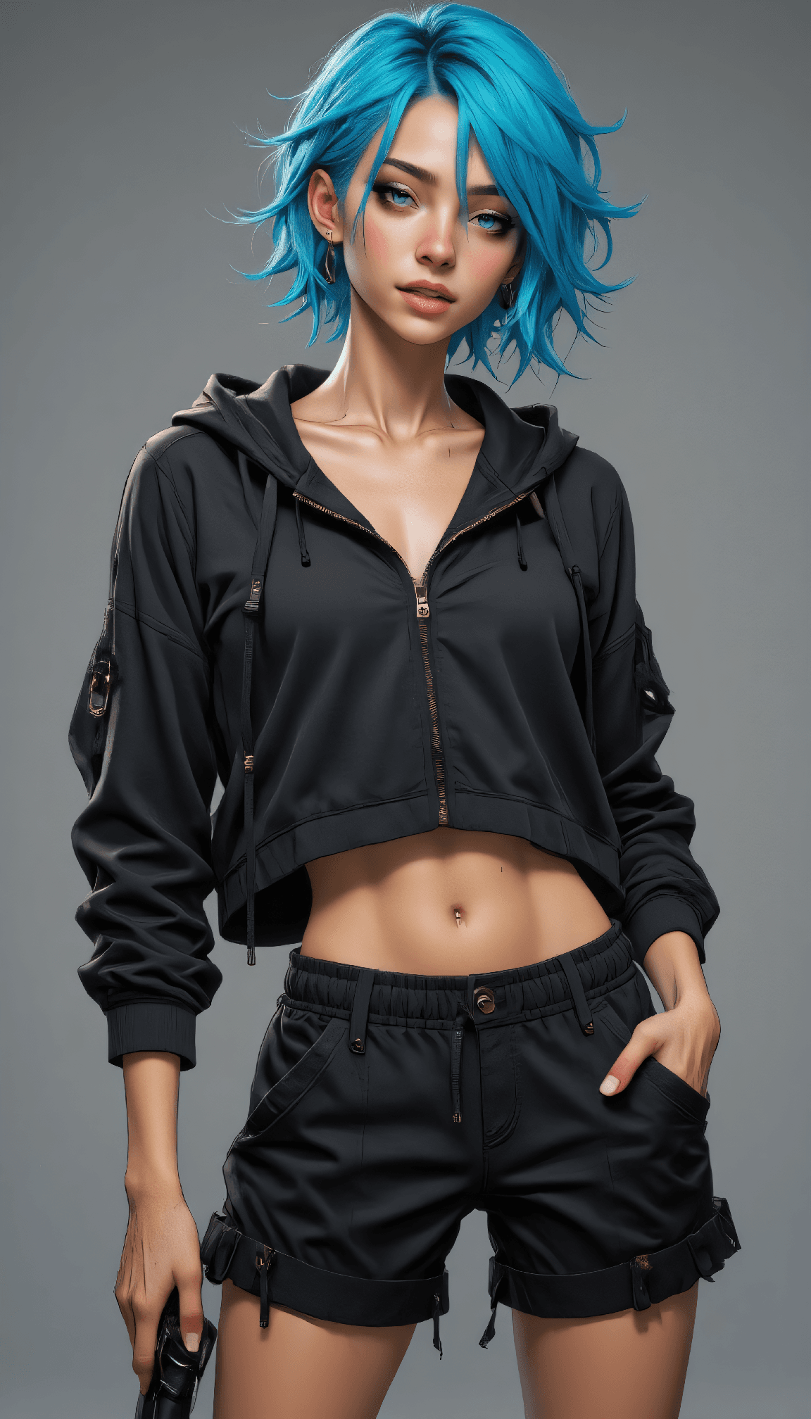 AI generated: Photo of a Mid-twenties woman with electric blue short spiky hair, slim figure, very soft ribs visib...