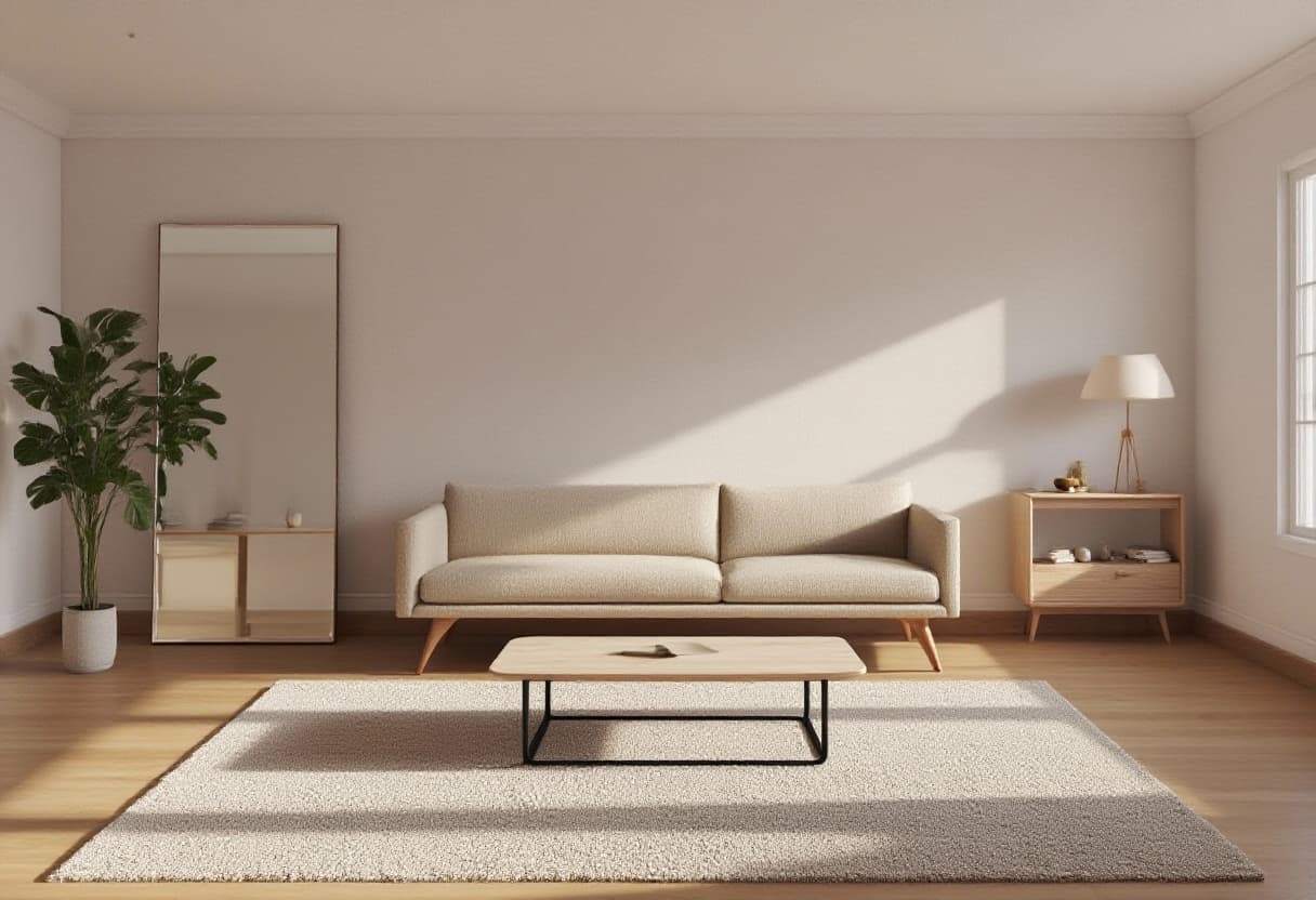 AI generated: Add a beige fabric sofa with wooden legs against the central wall, a small coffee table with a light...