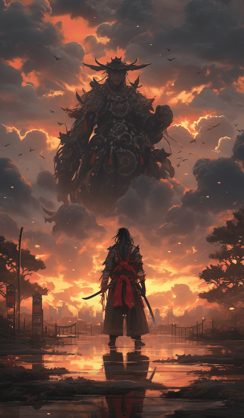 AI generated: Samurai stands at sunset in japan and looks into the distance, in dynamics, highly detailed, packed ...