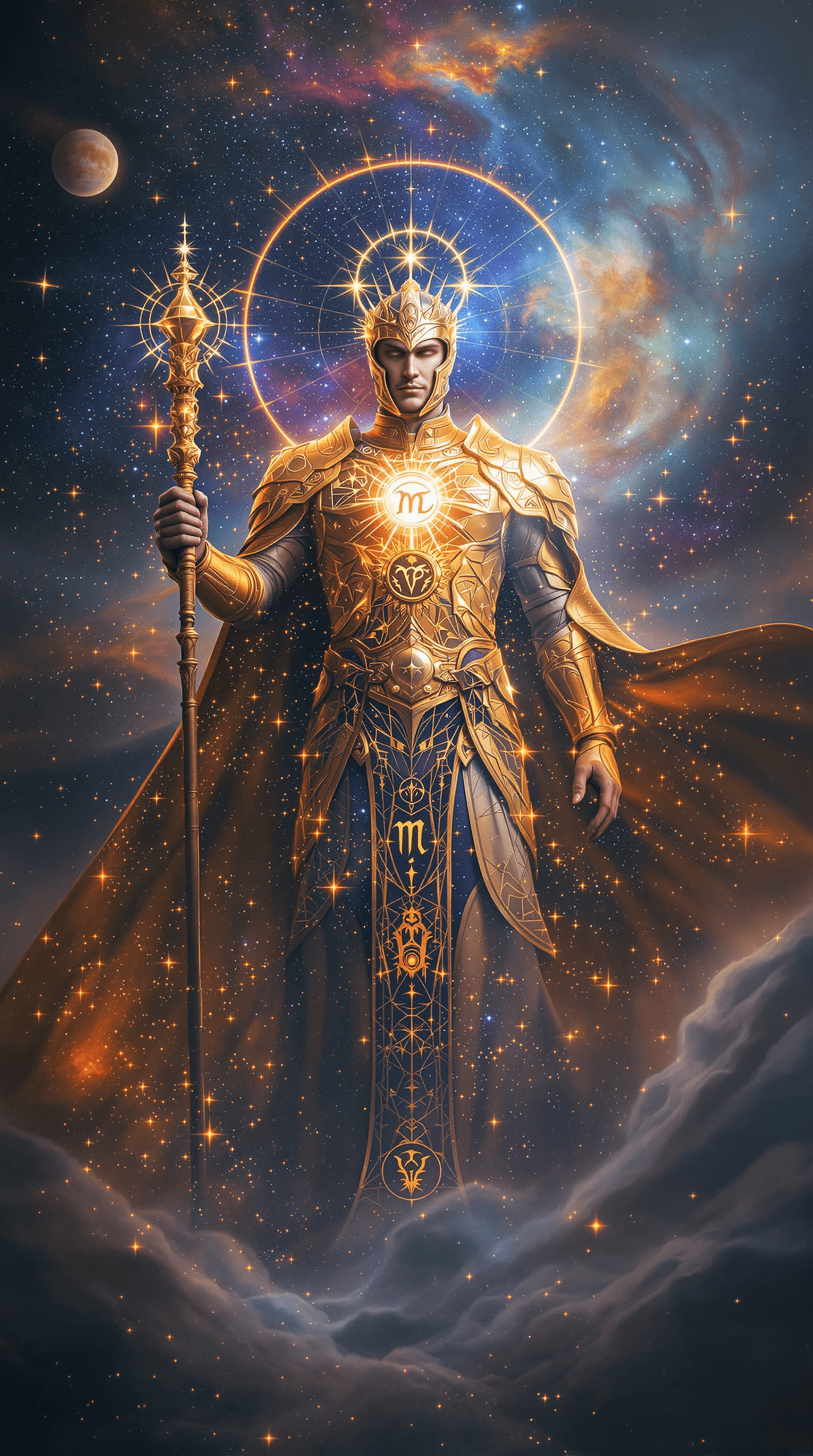 AI generated: “The Emperor’s Celestial Dominion” – A majestic Emperor emerges from swirling cosmic storms, his for...