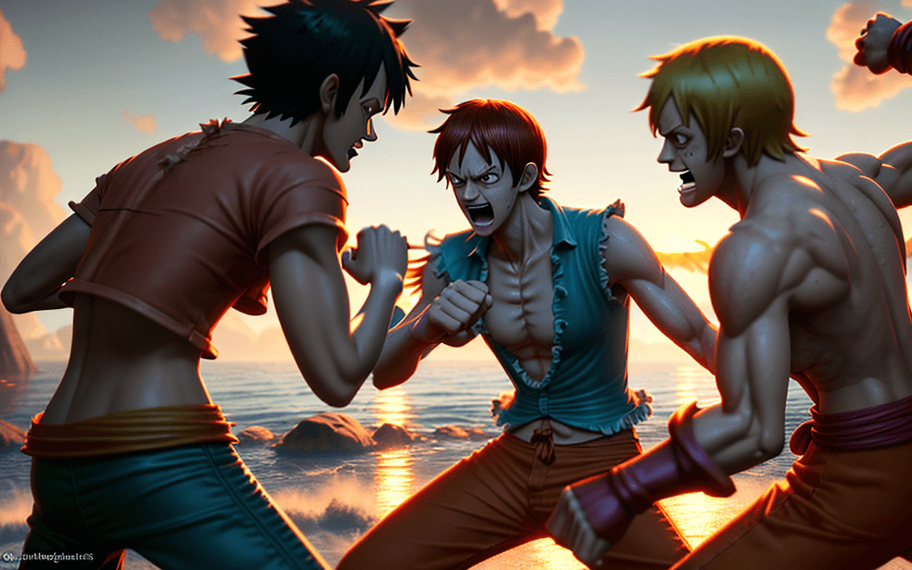 AI generated: Hyper realistic one piece character vs scooby-doo character fight, luffy, shaggy, mist, photorealist...