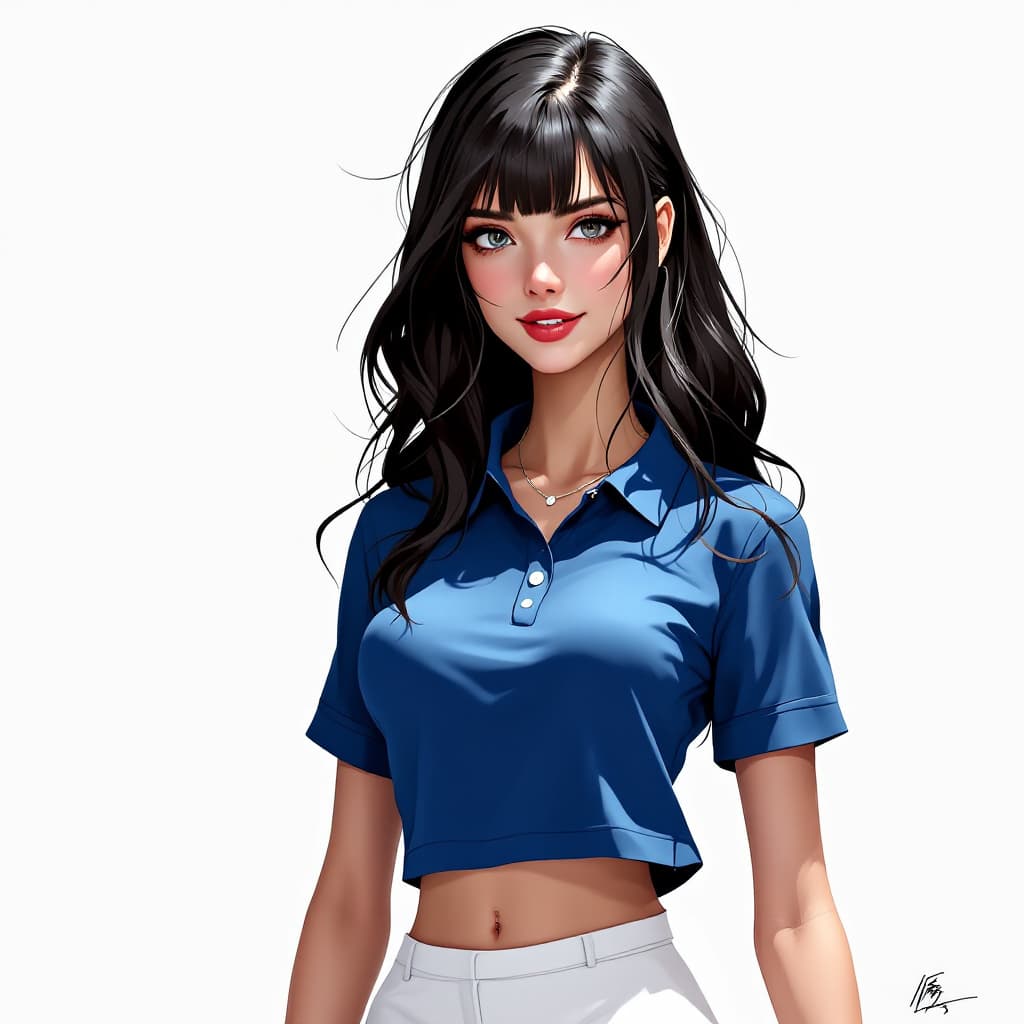 AI generated: style,blue golf shirt shirt, white miniskirt) ), wavy hair, concept art, cyborg, sharp focus, (slend...