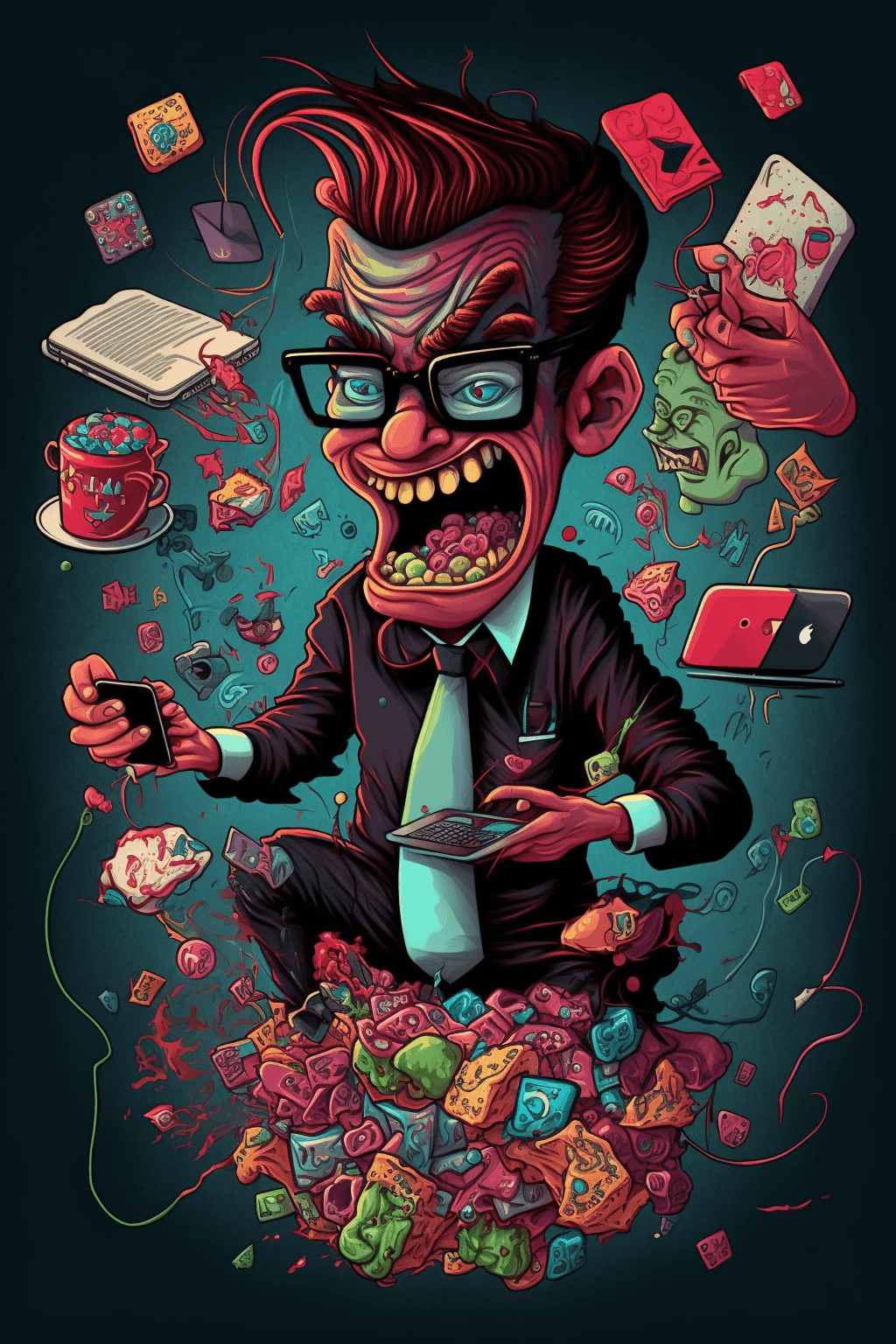 AI generated: A satirical illustration of a caricature style character "The Greedy NFT Collector"::2 He has exagge...