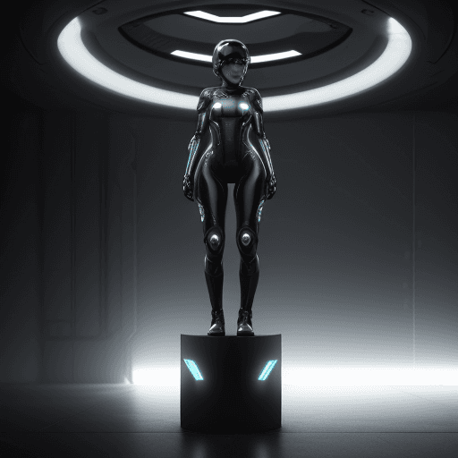 AI generated: ultra-realistic woman in a techno-look with realistic eyes and some skin showing. She is visible fro...
