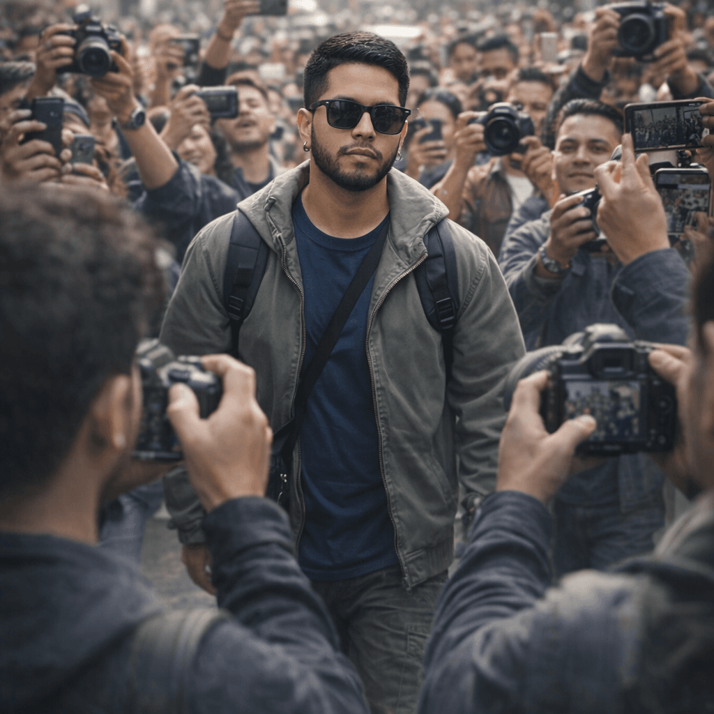 AI generated: "use my reference wearing sunglasses and a casual jacket walking confidently through a huge crowd, s...