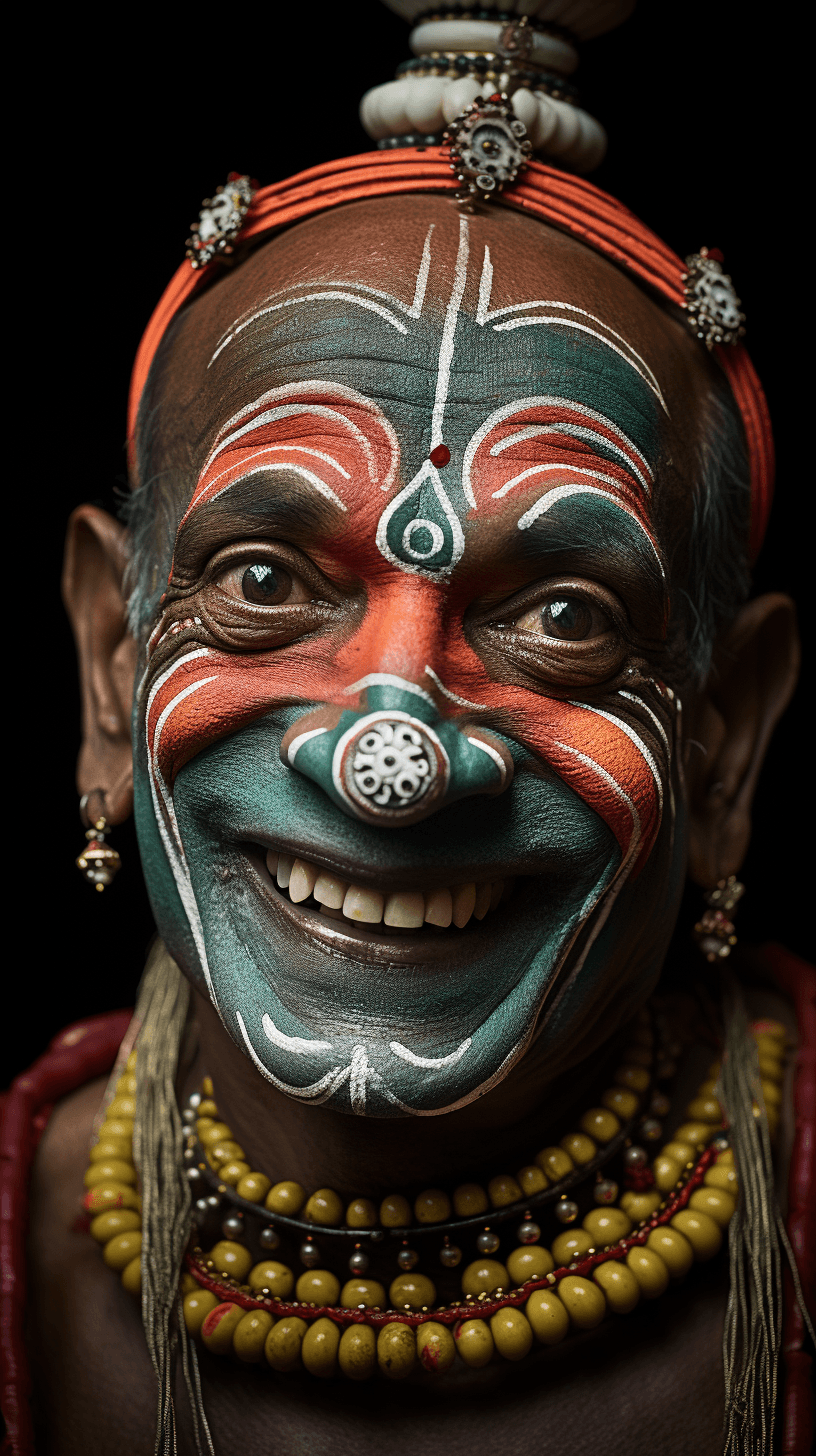 AI generated: a kathakali dancer from india with beautiful and vibrant colors makeup and expressive eyes, a soul-s...