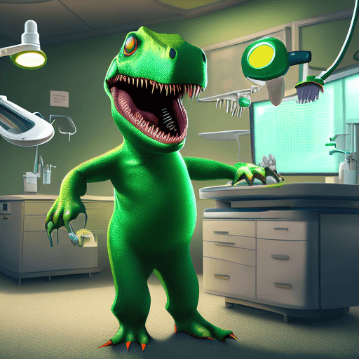 AI generated: Dentist dinosaur, tiny, cartoon character, big eyes, emerald green coat, with dental instruments tha...