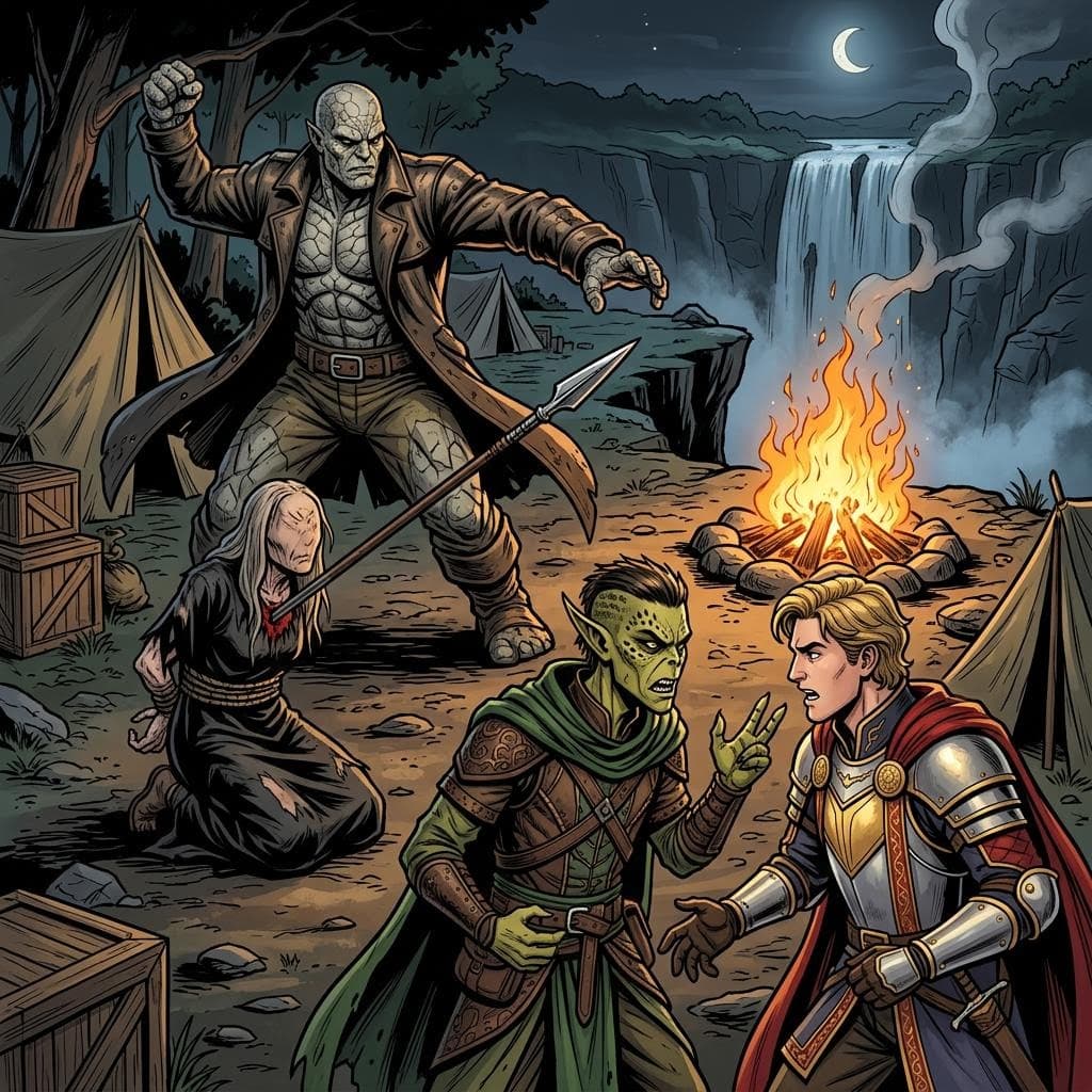 AI generated: a male githzerai argues with a human male knight as a stone golem fighter throws a spear through the...