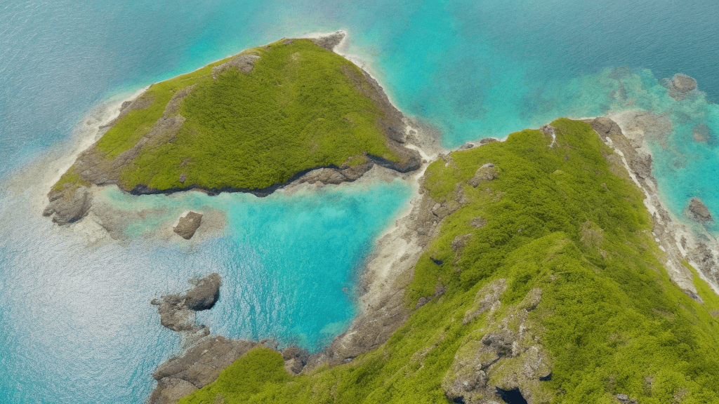 AI generated: bird's eye view high up looking down of a simple island. you can see the mainland in the background....