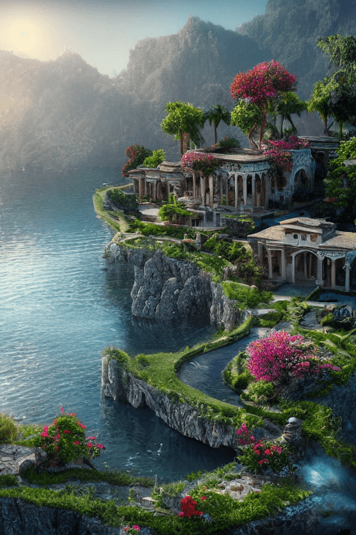 AI generated: a big Persian Villa surrounded by water and nature, village, close view, volumetric lighting, photor...