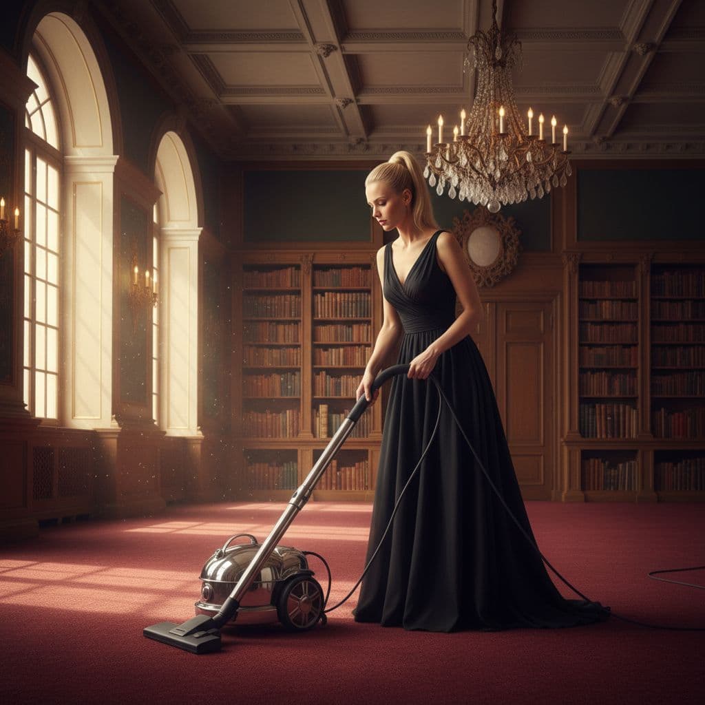 AI generated: image of an blonde woman wearing long black gown, vacuuming the carpet, hair in a pony tail, cinemat...