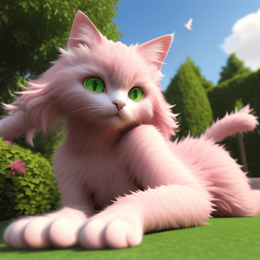 AI generated: 3D cat pink green eyes, angel face, with long fur, long claws, lying down in a garden, sunny day, bl...