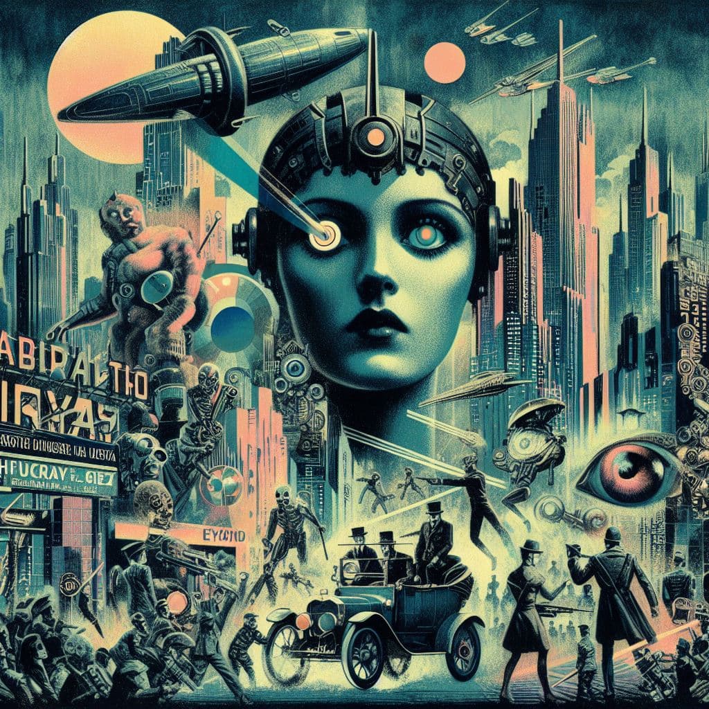 AI generated: create a stunning movie poster for a scifi movie witch is influenced by the style of Fritz Lang's "M...