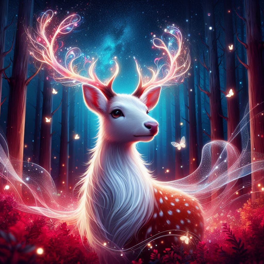 AI generated: beautiful magical, red reindeer, transparent, glowing dear, magic forest, pretty magnificent white d...