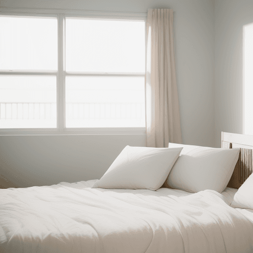 AI generated: Photo of a clean and tidy bedroom with four white rectangular pillows on the bed, soft morning light...