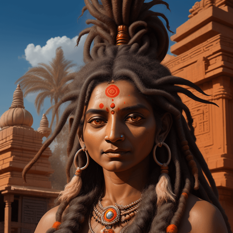 AI generated: Indian old shiva 
Female sadhu in front of a hindu temple, with long dreads, hyper realistic photo, ...