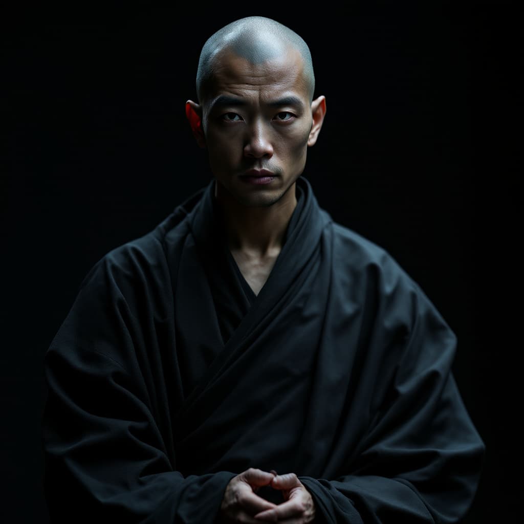 AI generated: photograph, portrait of a zen monk looking at the camera, professional pose, minimalist suits, no ha...