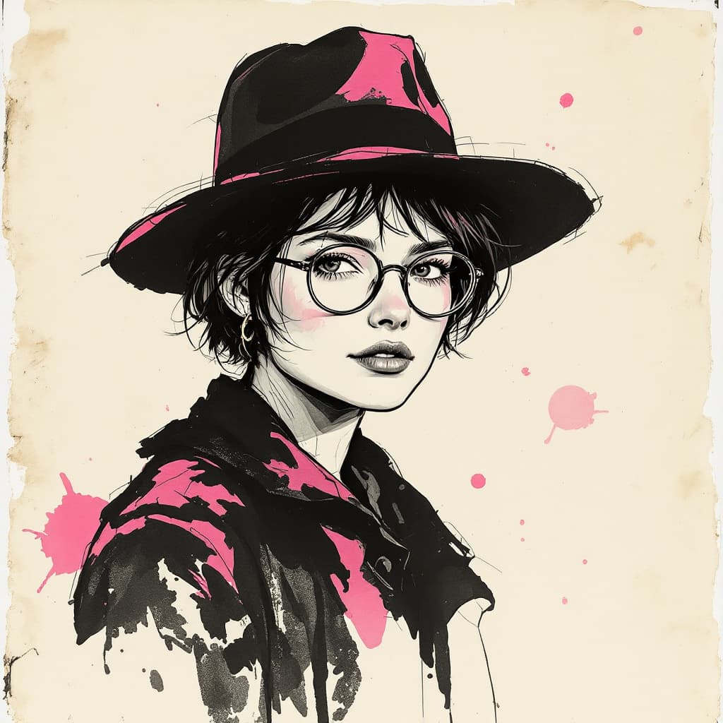 AI generated: Illustration with free brushstrokes in black and pink and jet ink on old, dirty and yellowed paper o...