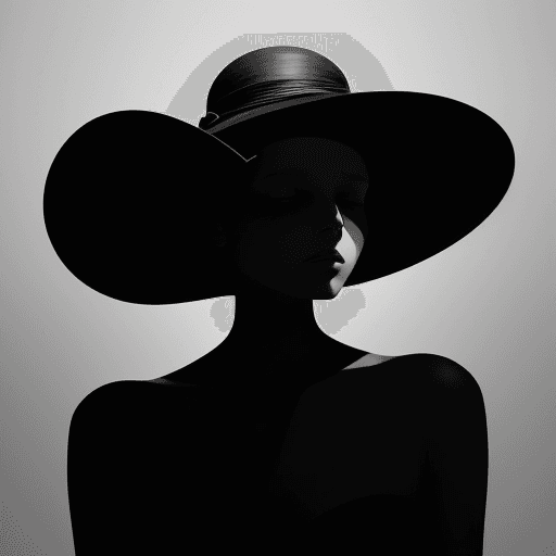 AI generated: a woman in a black dress is wearing a big hat to the right, in the style of clever use of negative s...