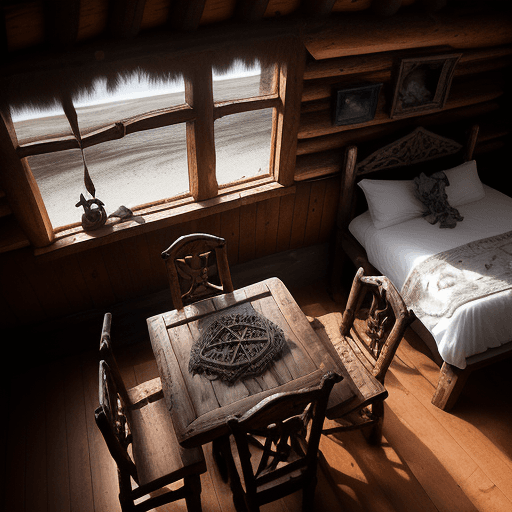 AI generated: Dark and dusty inside a rustic log cabin on the beach, full daylight, one small single-pane window i...