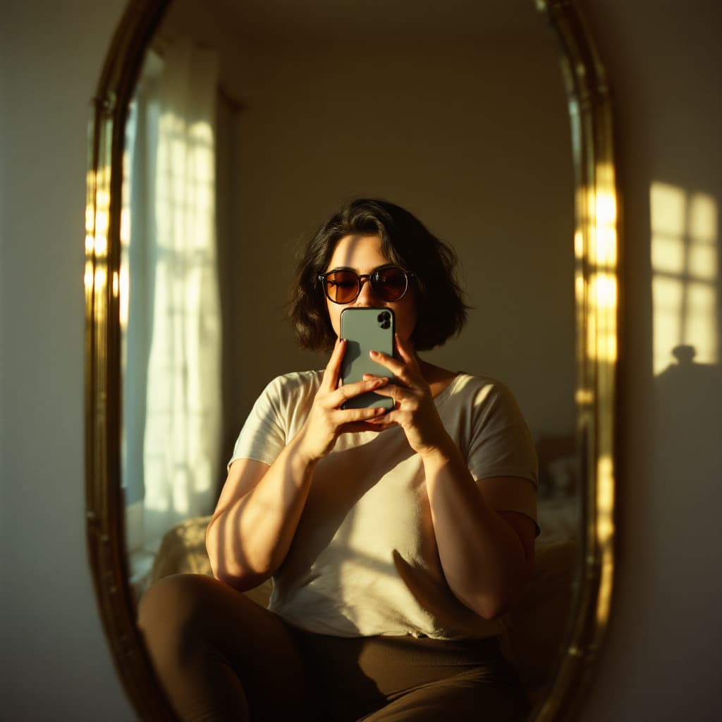 AI generated: hyper-realistic photo, plus size, round face handsome woman, sun glasses, photo on iphone 14 in mirr...