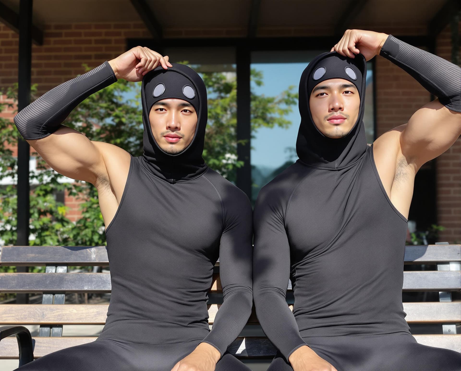 AI generated: Two male Asian born Taiwanese strong athletes wearing compression jammers in day time. They are sitt...