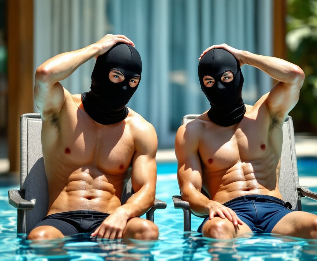 AI generated: Two male Asian Chinese strong swimmers wearing compression jammers blue colour were arrested in day ...
