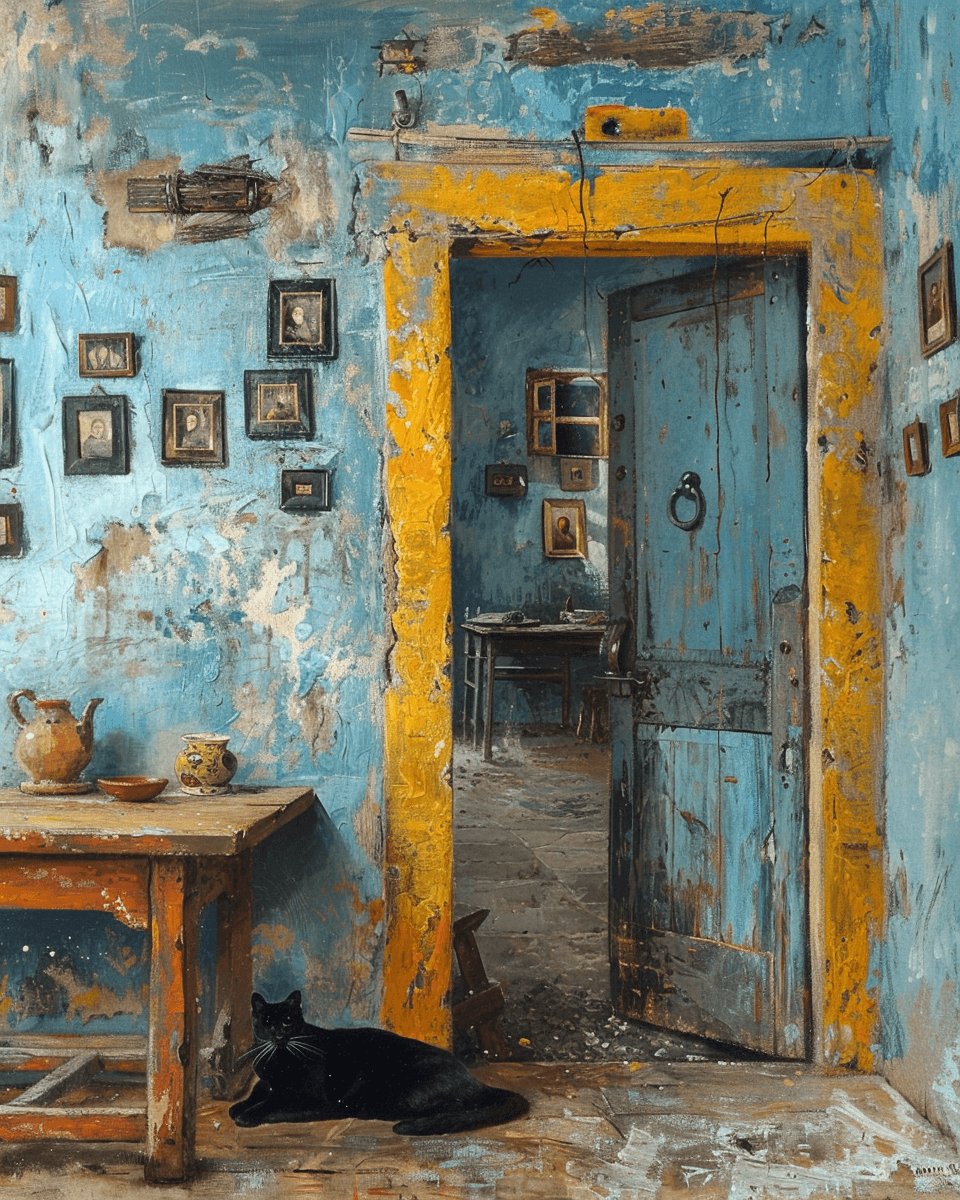 AI generated: A painting of an old, shabby room with pastel blue walls and a yellow door frame with a cat lying on...
