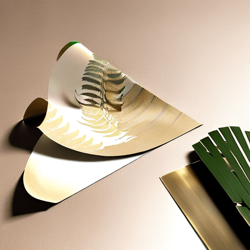 AI generated: Flat lay, material board, fern printed wallpaper big size sample, old brass sample, old rose wall pa...