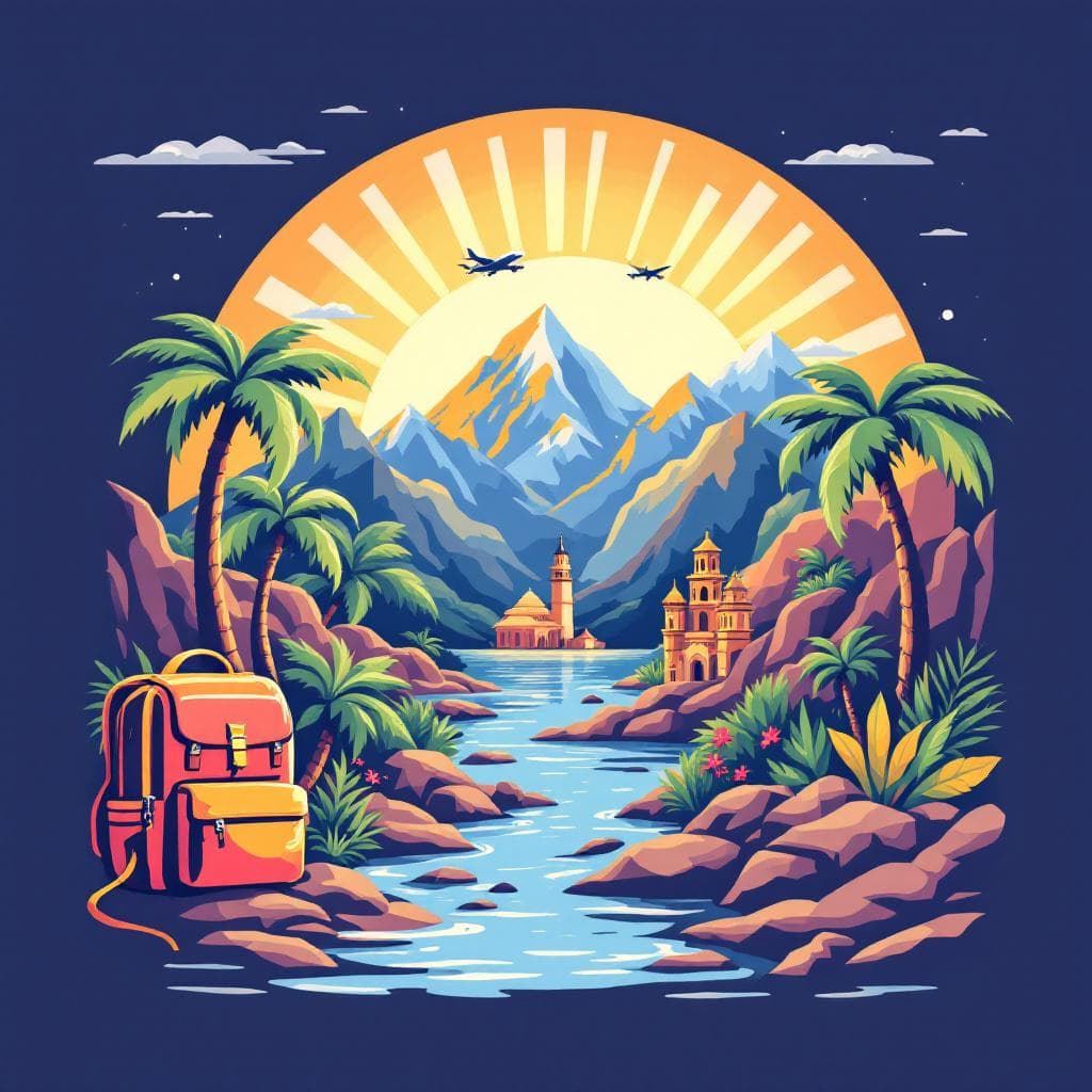 AI generated: A modern-style travel banner illustration for a travel bloger. Features a colourful palette  bold ty...