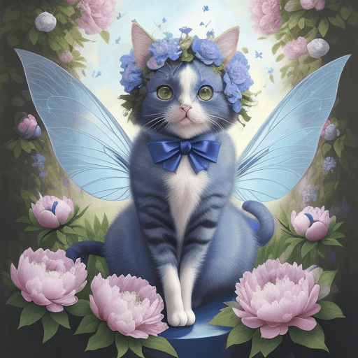 AI generated: cat with fairy wings (around blue peonies with big bees)