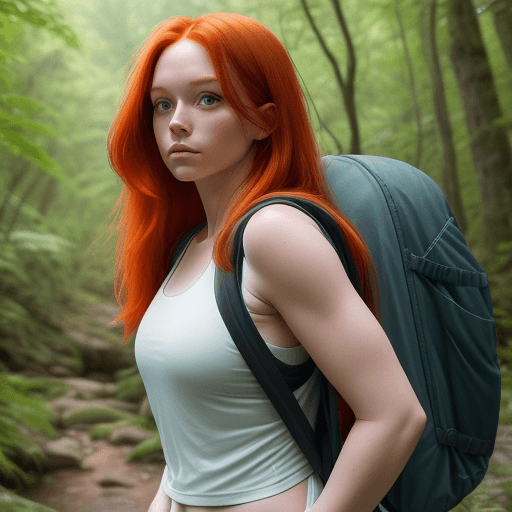AI generated: a redhead woman with long hair goes for a hike in nature .she wears short shorts and a tank top with...