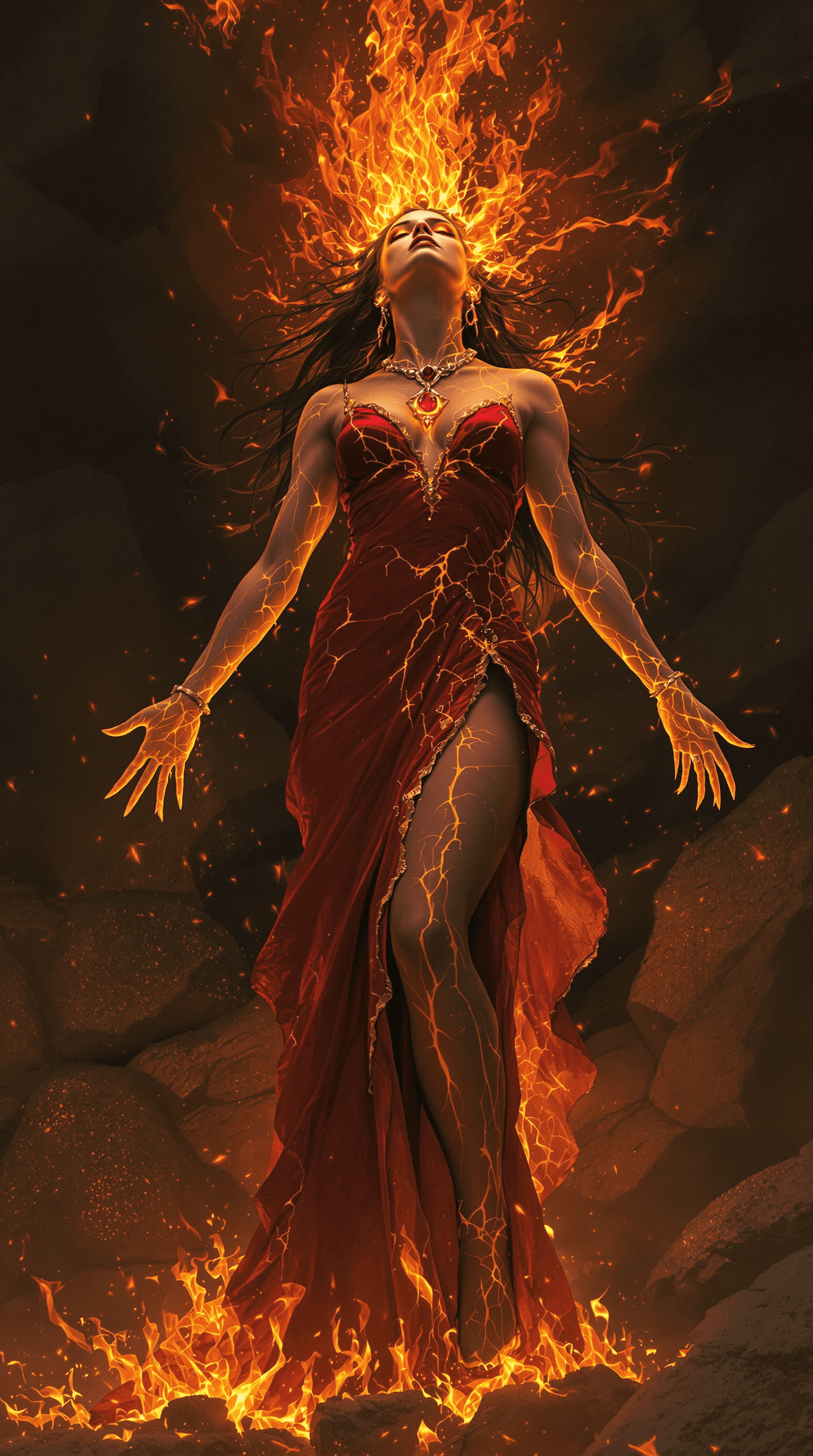 AI generated: colors, mirroring the change consuming her form.* Character: * Pose: Standing, arms outstretched as ...