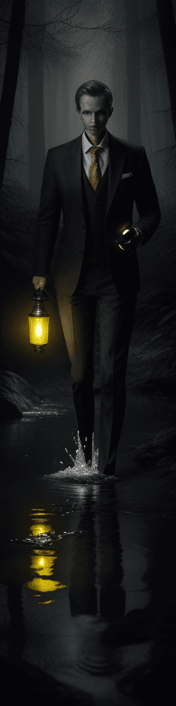 AI generated: A man in a suit, holding an broken bad kerosene lamp in his hand, searching for his way through a fo...