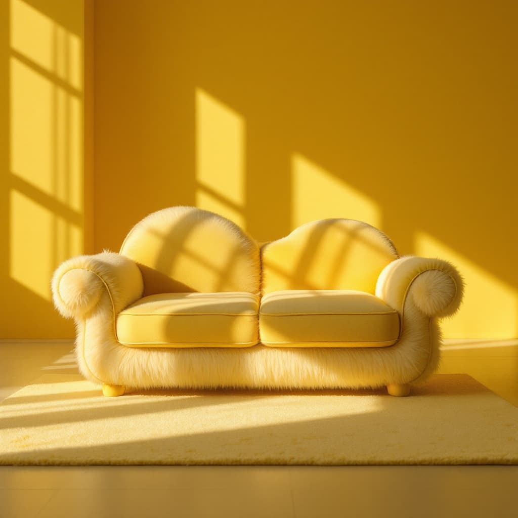 AI generated: productive photography, front view, small fluffy couch, inspired by cloud, yellow material details, ...