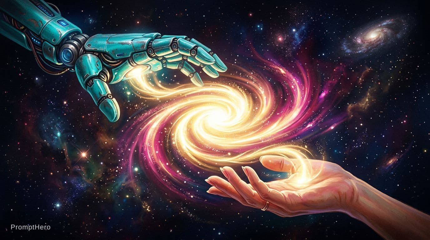 AI generated: 2 Hands. Hand 1: Robot hand, colour turquois metal, relaxed open palm downward. Hand 2: Human, femal...