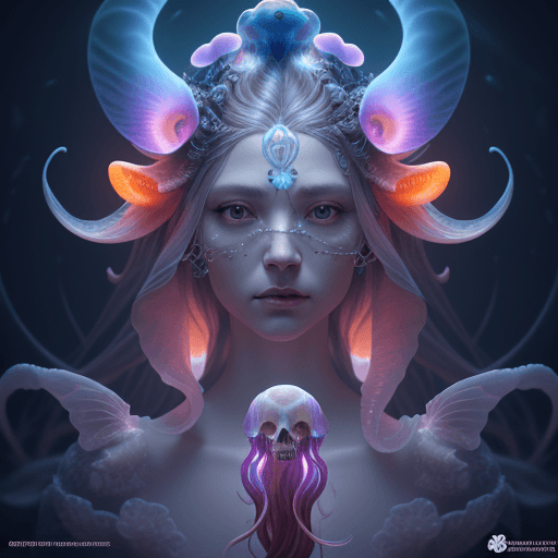 AI generated: Goddess close-up portrait ribcagel. jellyfish phoenix head, nautilus, orchid, skull, betta fish, bio...