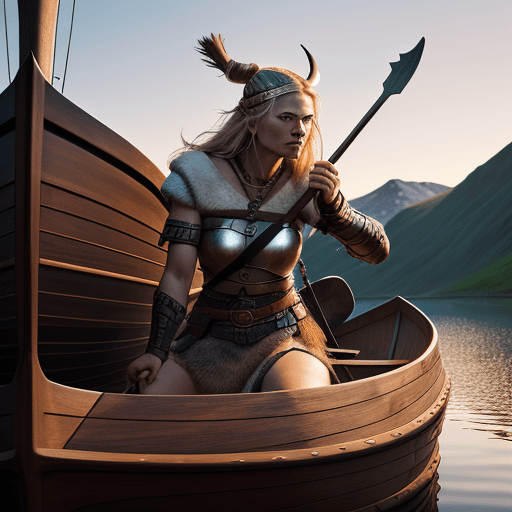 AI generated: a fierce, beautiful, female Viking warrior leaning against the hull of a Viking boat, evening light,...