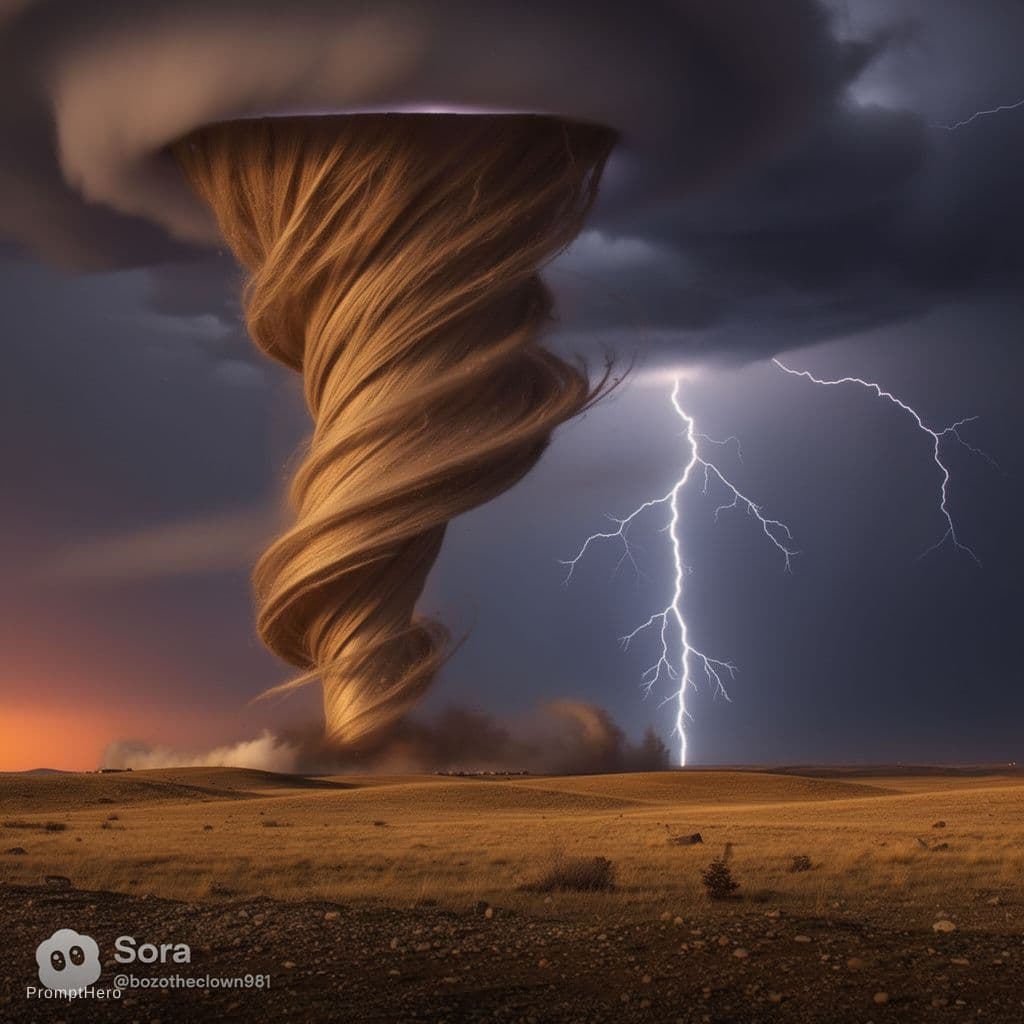 AI generated: SCENE:
Open plains under an active mega tornado.
Massive rotating funnel mid-distance.
Storm-dark sk...