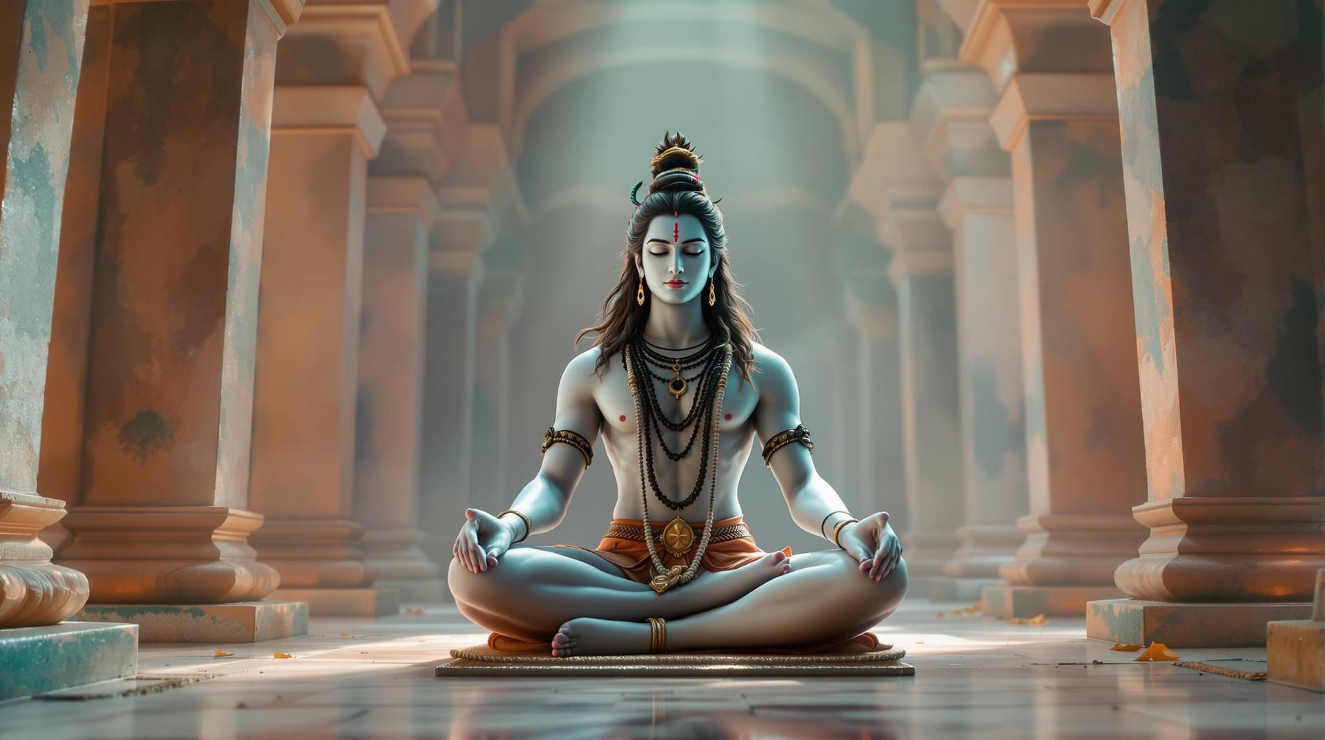 AI generated: "Generate a photorealistic image of Lord Shiva in an ancient temple, where every surface is softly l...