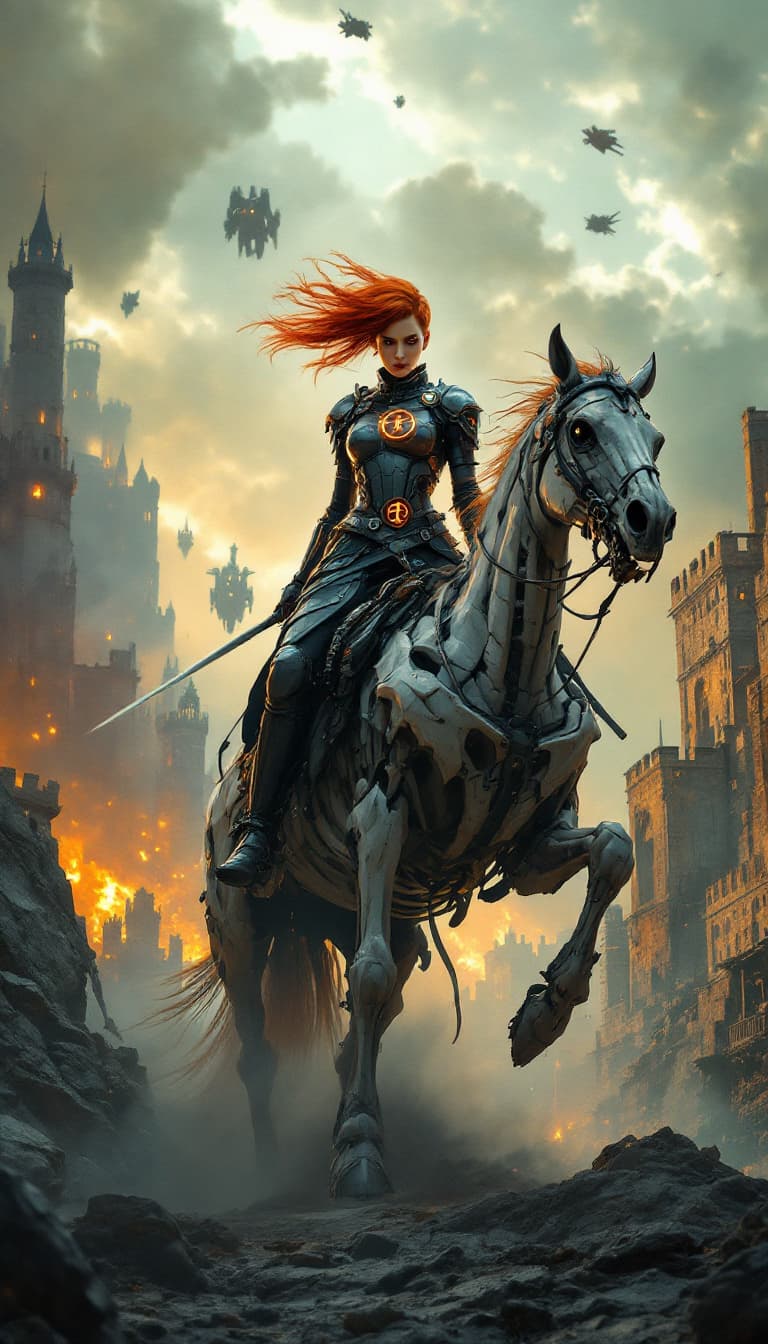 AI generated: A stunning, avant-garde interpretation of Joan of Arc, featuring a modern woman as Joan, standing re...