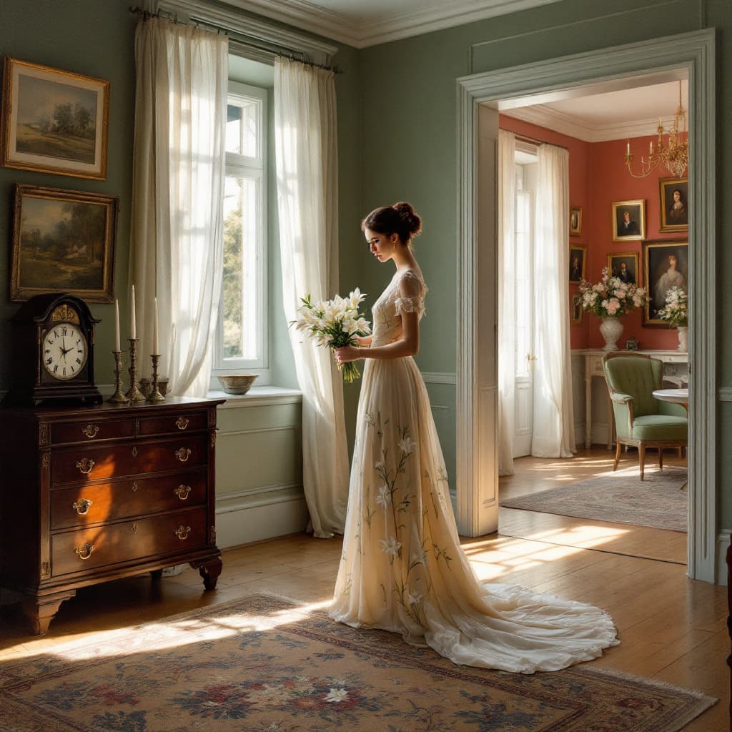 AI generated: Classical oil painting style in the manner of Hans Hilsøe, textured with high-relief details. Serene...