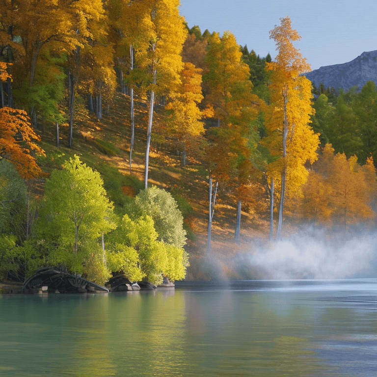 AI generated: photorealistic oil on canvas, 
trees by a river and hill,
beautiful setting, fall
Foreground,
unreal...