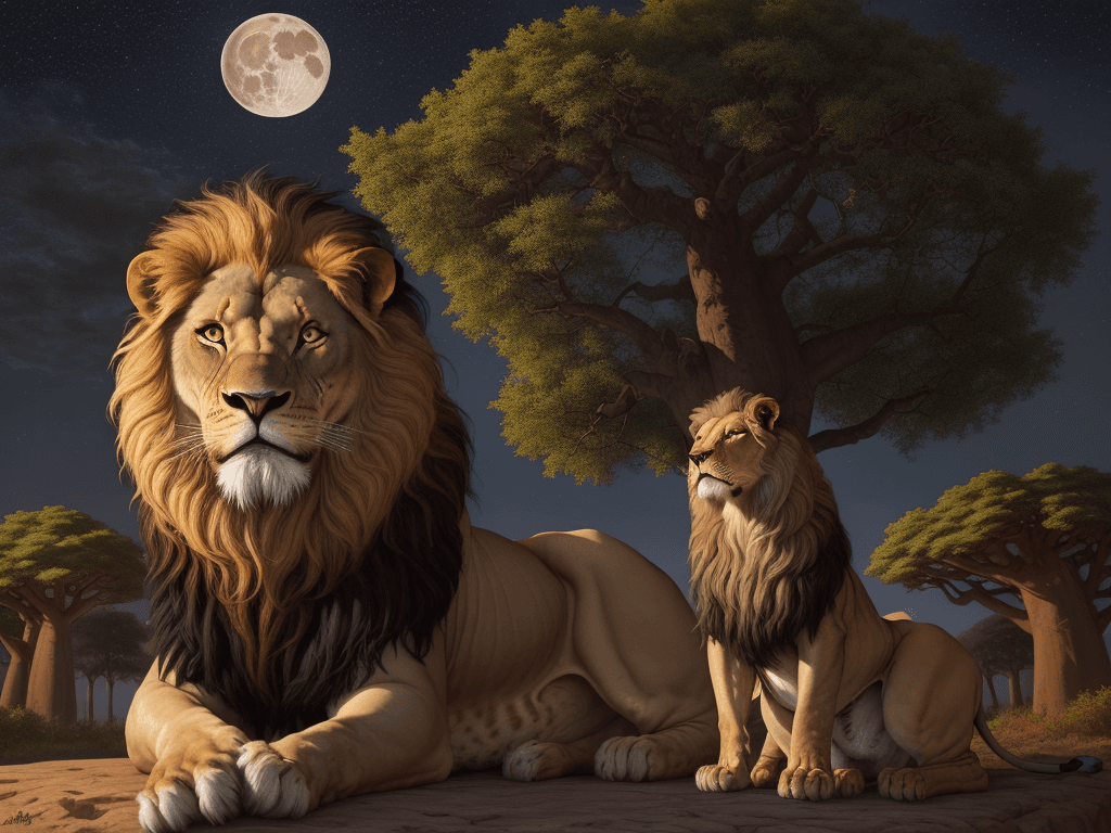 AI generated: [oil painting:1.2], [artistic], [masterpiece], a lion behind a baobab and the full moon bright the n...