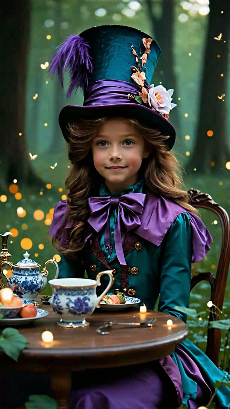 AI generated: a professional photo of a realistic of a pretty tween Millie Davis dressed as the Mad Hatter is sitt...