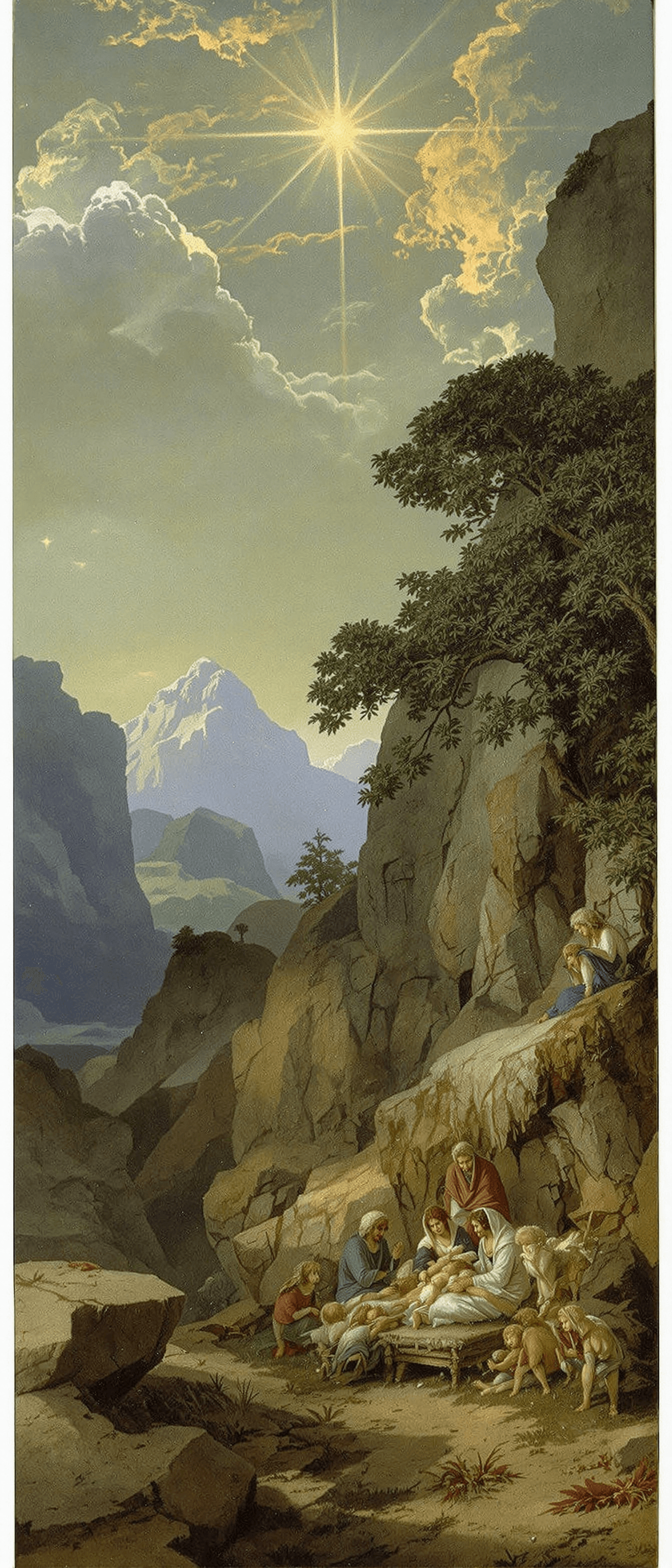 AI generated: A nativity scene in the style of Caspar David Friedrich's landscape painting.