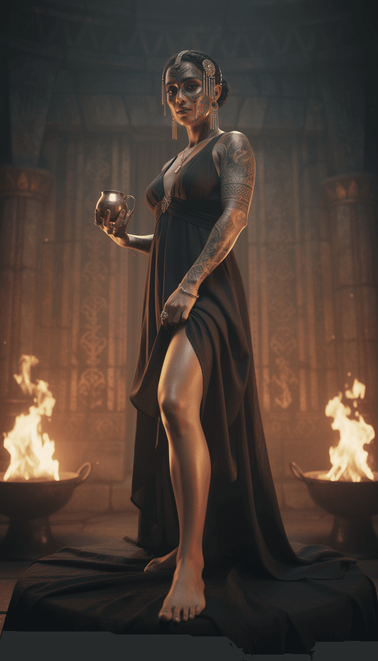 AI generated: A woman with an elaborately painted face and tattoos stand up on a dark, draped surface. She wears a...