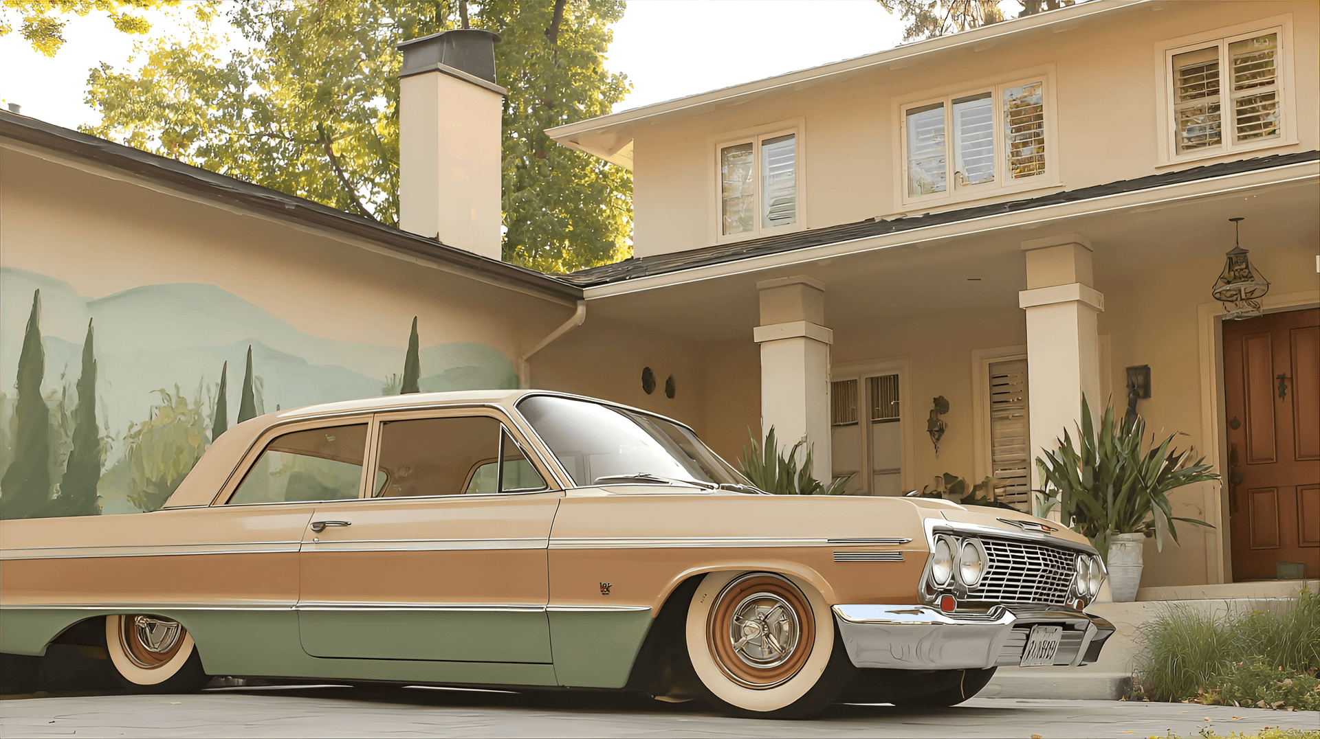 AI generated: custom lowrider style, classic american car with two-tone paint job, lowered suspension, custom whee...